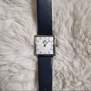 Womens Danish Design Watch Navy Blue Leather Band Square Face Silver Tone Modern
